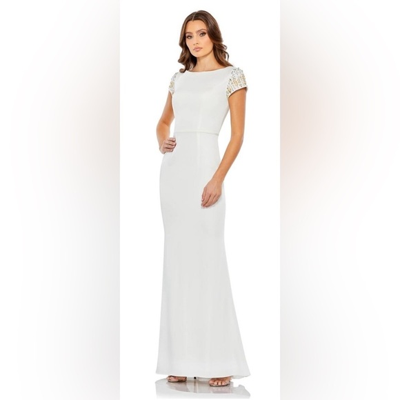 Mac Duggal 55718 NWT White Beaded Cap Sleeve Beteau Column Dress - Picture 1 of 6
